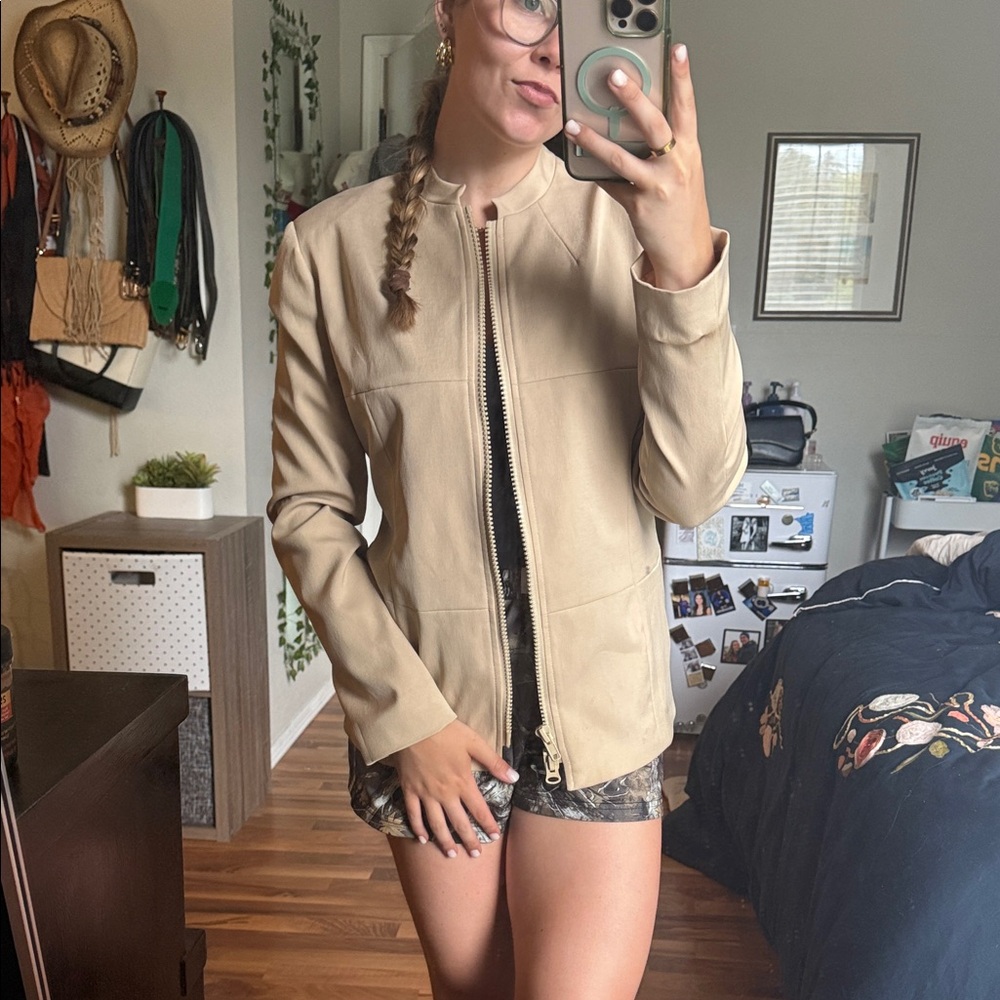 Mixit Cream-Beige Zip Front Leather Jacket